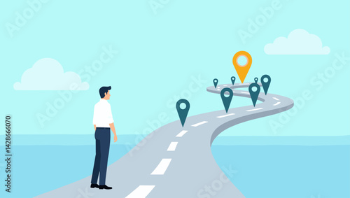 Vector illustration of a man standing at the beginning of a curved road with location markers, symbolizing planning, goals, and future direction