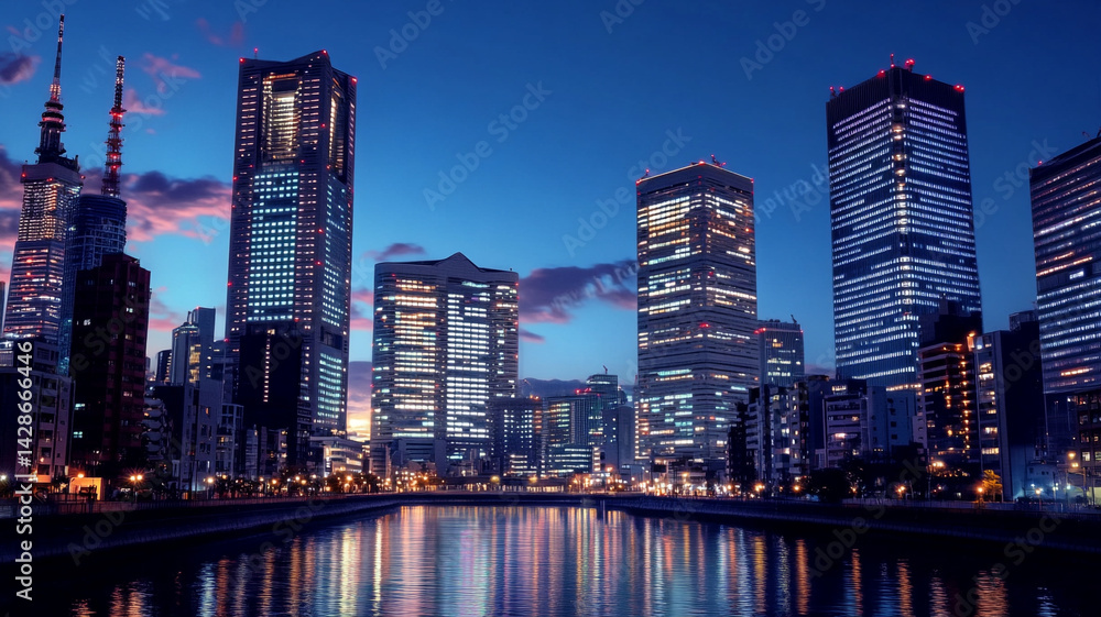 Obraz premium Low-angle view of modern skyscrapers at blue hour