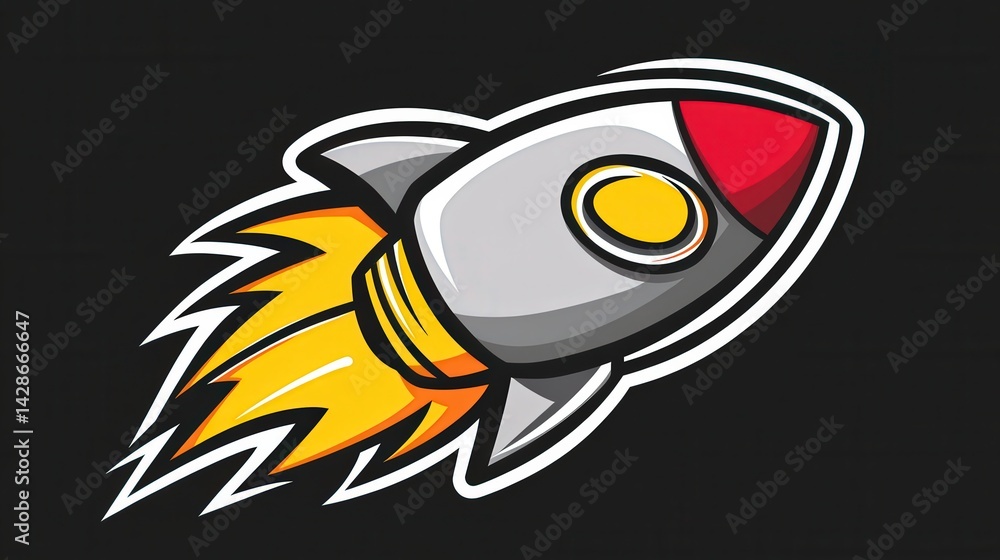 Colorful Rocket Illustration with Flames on Black Background
