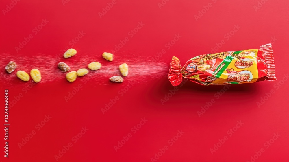 Colorful Snack Wrapper with Spilled Treats on Vibrant Red Background