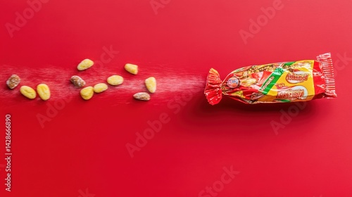 Obraz na płótnie Colorful Snack Wrapper with Spilled Treats on Vibrant Red Background w salonie