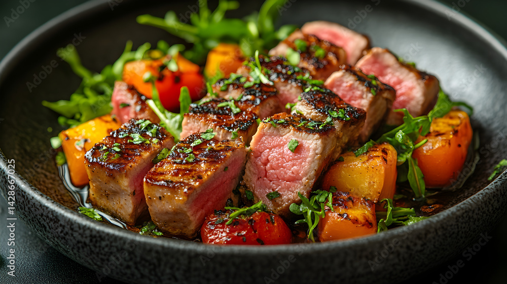Lamb Kebab served on dark grey textured plate with fresh garnish top view