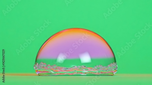 Colorful Soap Bubble on Green Background with Smooth Reflection
