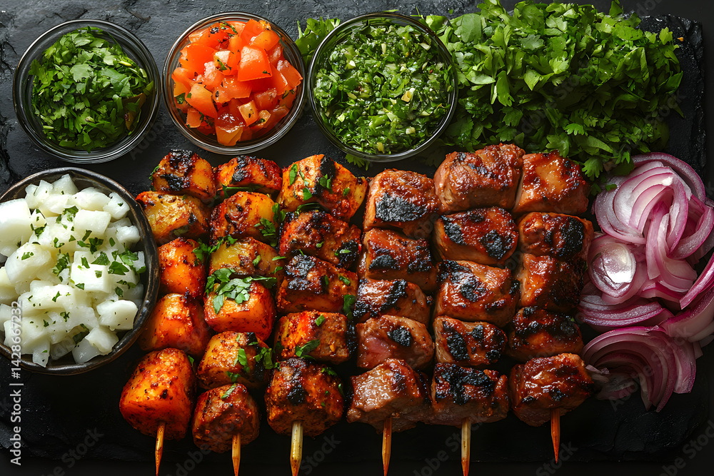 Lamb Kebab styled on rustic black stone table with side ingredients