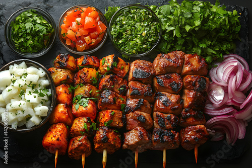 Obraz na płótnie Lamb Kebab styled on rustic black stone table with side ingredients w salonie