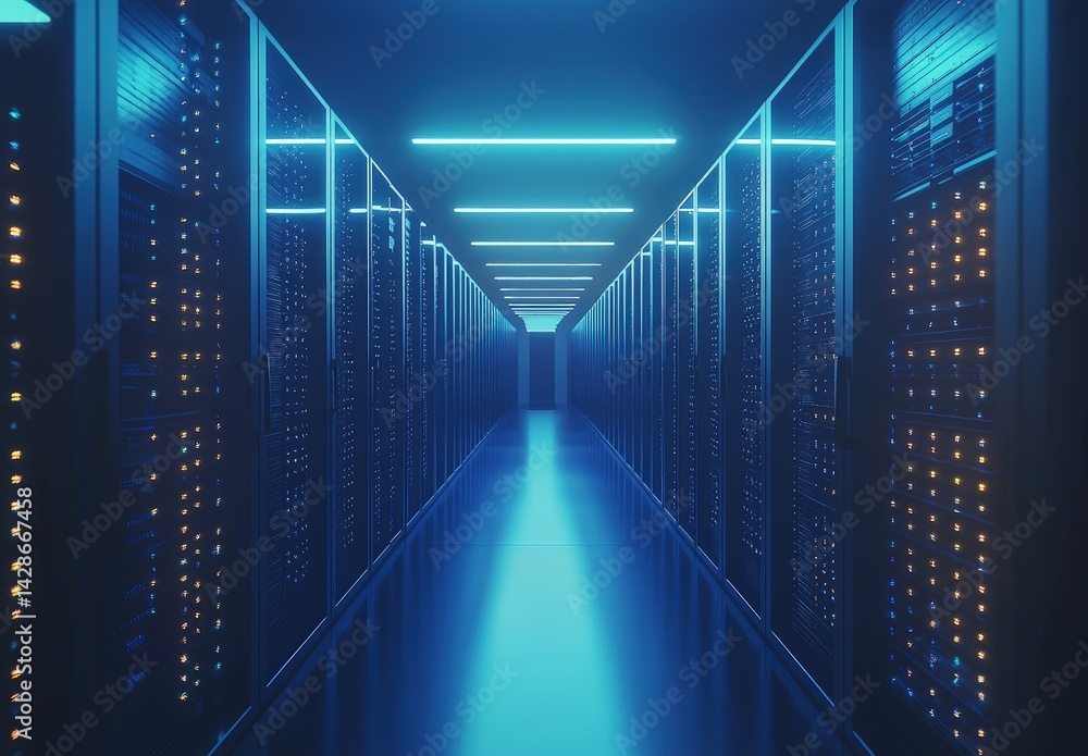 Symmetrical data center corridor with glowing cyan ceiling lights and softly lit server racks. Great for IT infrastructure, cloud computing, and futuristic network technology visuals Symmetrical data center corridor with glowing cyan ceiling lights and softly lit server racks. Great for IT infrastructure, cloud computing, and futuristic network technology visuals