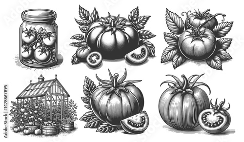 tomato, canned tomatoes, greenhouse garden illustration Set collection bundle sketch engraving generative ai vector illustration. Scratch board imitation. Black and white image.
