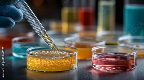 food safety contamination control. Laboratory Experimentation with Petri Dishes and Liquid Samples for Scientific Research Analysis.