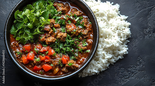 Obraz na płótnie Lamb Tagine served on dark grey textured plate with fresh garnish top view w salonie