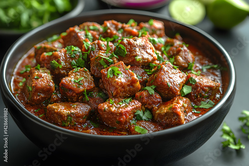 Lamb Vindaloo styled on dark grey background with clean plating and props