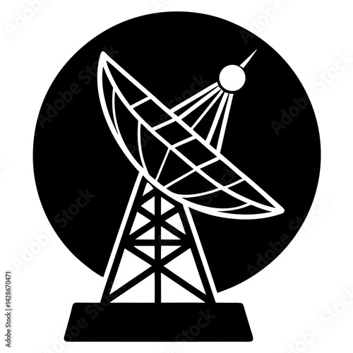 This isolated vector illustration shows a satellite dish icon, a symbol of communication technology for television and radio broadcasting