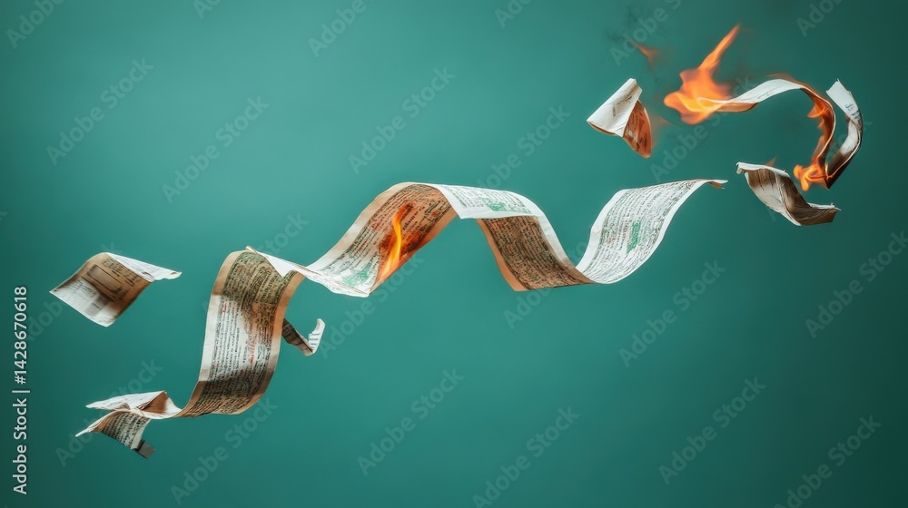 Creative Artwork of Flaming Paper in Mid-Air on Blue Background