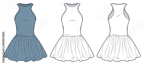 Sleeveless Jersey Dress with poplin bottom technical fashion illustration. Mini Dress fashion flat technical drawing template, balloon skirt, front and back view, white, blue, women CAD mockup set.