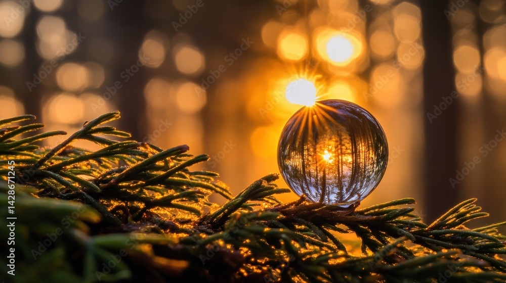 Crystal Orb Reflecting Sunset Through Tree Branches in Forest