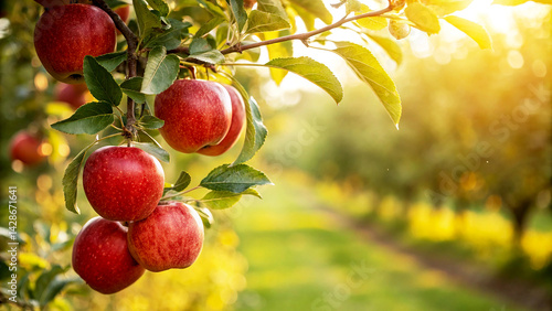 Photos Red Apples on tree in garden in Natural Sunny day background, Red Apple Hanging