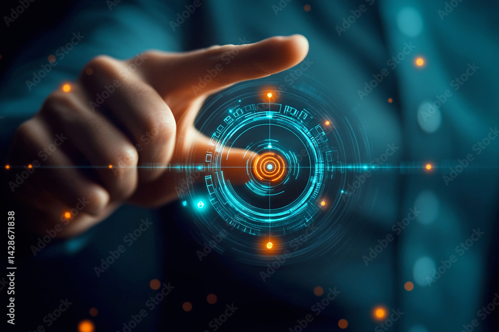 Finger touching a digital interface with HR icons. modern technology and human resources integration concept