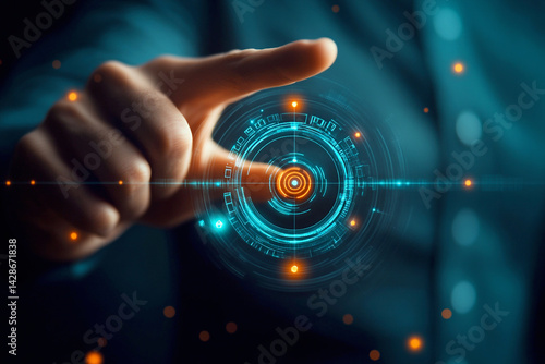 Obraz na płótnie Finger touching a digital interface with HR icons. modern technology and human resources integration concept w salonie
