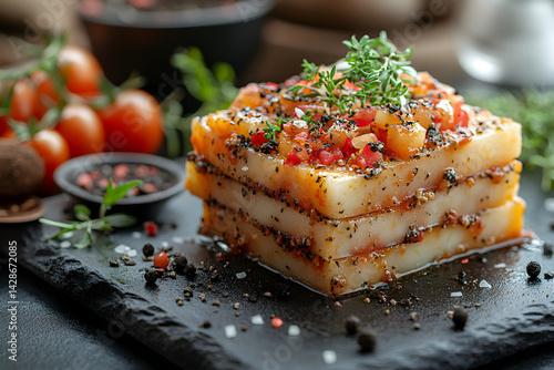 Obraz na płótnie Lasagna styled on rustic black stone table with side ingredients w salonie
