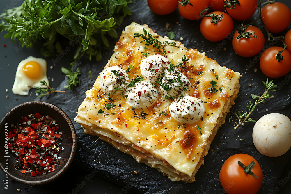 Lasagna styled on rustic black stone table with side ingredients