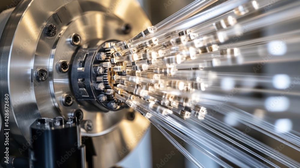 Fototapeta premium Close up of fiber optic cables being processed in a high tech machine