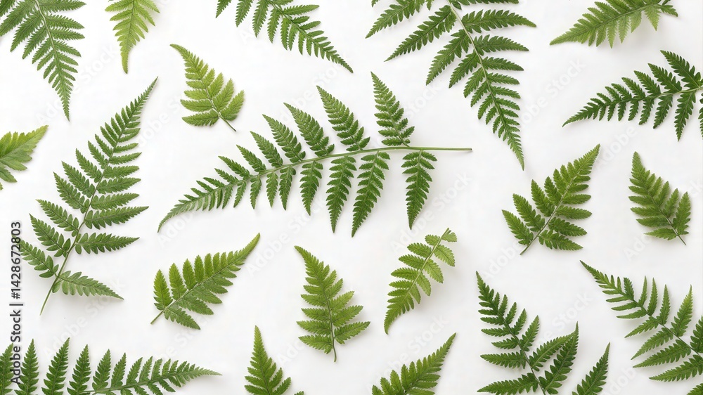 A vibrant arrangement of various fern leaves on a white background, showcasing their intricate shapes and lush green colors. A vibrant arrangement of various fern leaves on a white background, showcasing their intricate shapes and lush green colors.
