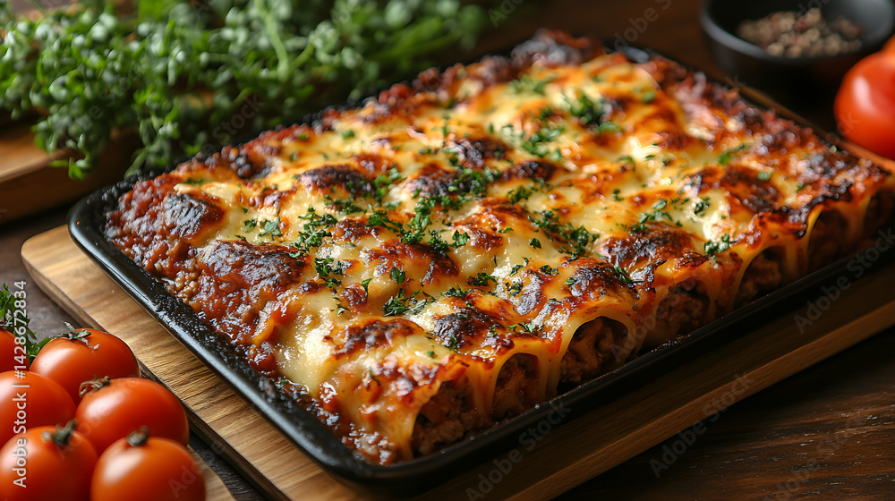 Lasagna with layers of cheese, ground beef, and marinara sauce