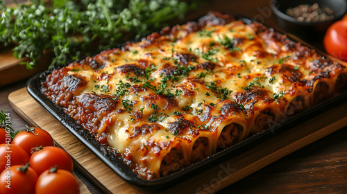 Obraz na płótnie Lasagna with layers of cheese, ground beef, and marinara sauce w salonie
