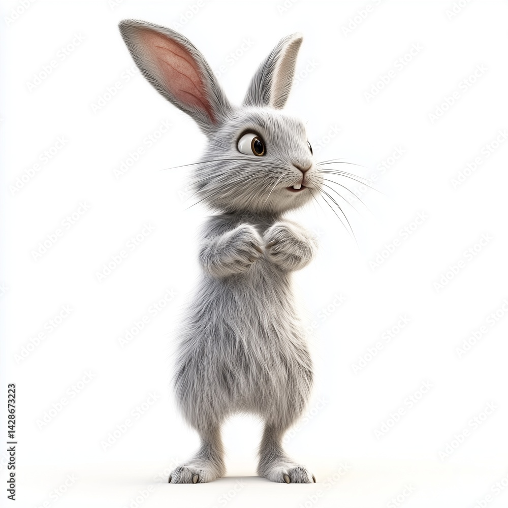 Fototapeta premium A funny rabbit standing on its hind legs, with oversized ears and a playful expression, isolated against a clean white background. 