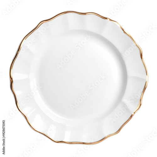 White Plate with Gold Rim: Elegant white porcelain plate features a delicate gold rim and scalloped edge.