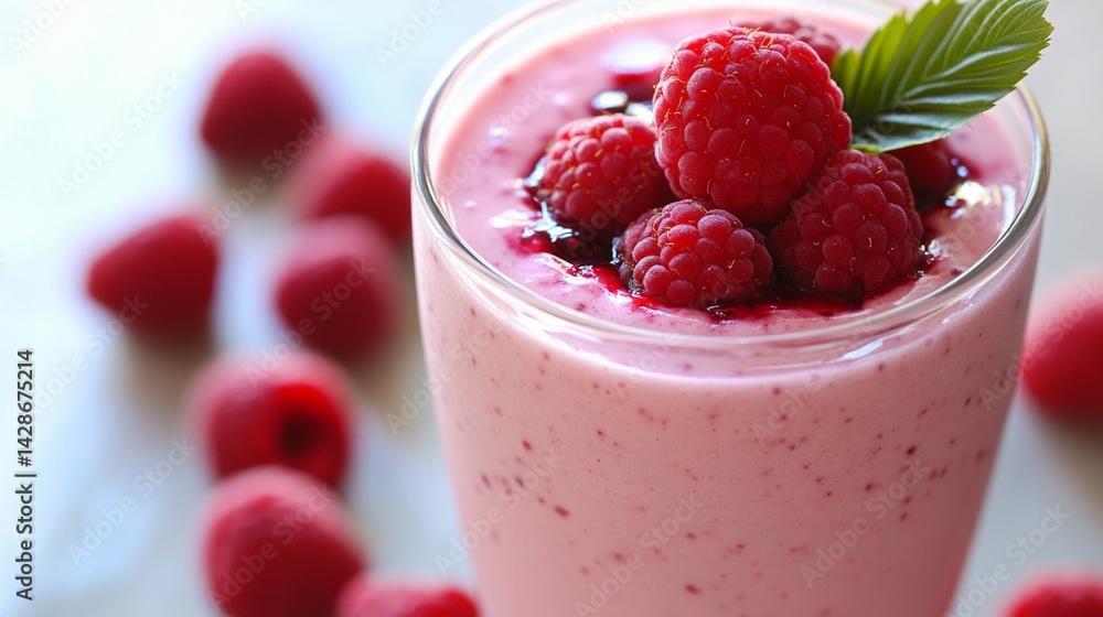Delicious raspberry smoothie topped with fresh berries and a mint leaf, perfect for a refreshing drink or healthy snack on a warm day, visually appealing and vibrant. Delicious raspberry smoothie topped with fresh berries and a mint leaf, perfect for a refreshing drink or healthy snack on a warm day, visually appealing and vibrant.