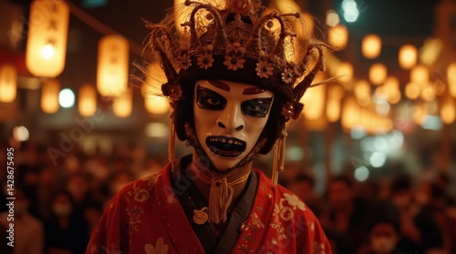 Individual wearing dramatic face paint and floral crown mask in a red robe during Koenji Awa Odori Festival, surrounded by warm lantern lights and spectators