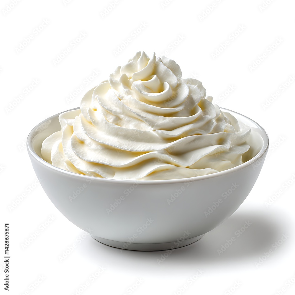 A bowl of freshly whipped cream, isolated on a clean white background A bowl of freshly whipped cream, isolated on a clean white background