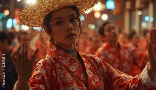 Young woman in traditional straw hat and red floral yukata dances under festival lanterns during Koenji Awa Odori in Tokyo, surrounded by a crowd of synchronized performers