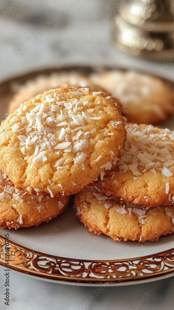 Delicious, freshly baked coconut cookies arranged neatly on a vintage plate, showcasing their golden crust and sprinkled coconut flakes for a mouthwatering dessert treat. Delicious, freshly baked coconut cookies arranged neatly on a vintage plate, showcasing their golden crust and sprinkled coconut flakes for a mouthwatering dessert treat.