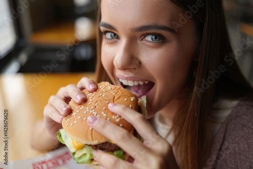 Obraz na płótnie Young Caucasian woman female girl customer client eating junk fast food bite chewing burger hamburger cheeseburger eat pleasure diet cheat meal temptation indoors. Unhealthy snack overeating calories w salonie
