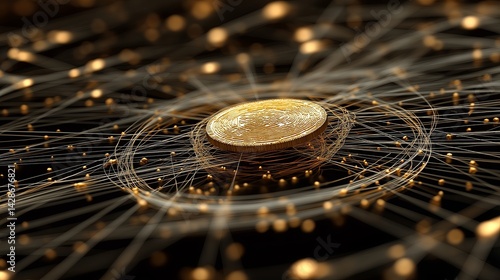 Fototapeta Naklejka Na Ścianę i Meble -  Digital gold coin rotating with network lines around it 