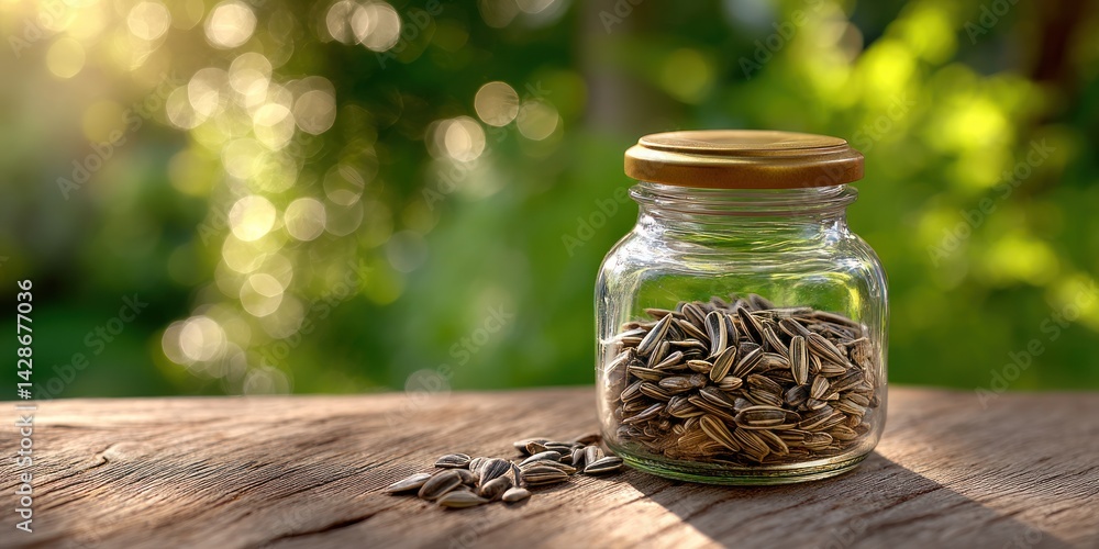 Sunflower seeds in jar on wood; blurred green backdrop for healthy food ads Sunflower seeds in jar on wood; blurred green backdrop for healthy food ads