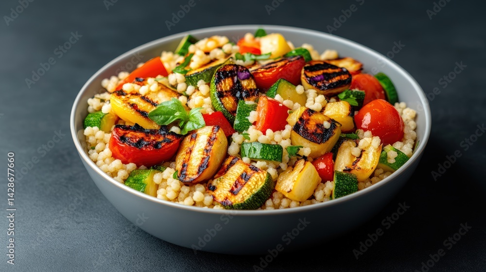 Vibrant Grilled Vegetable Salad with Couscous and Fresh Herbs in a Modern Bowl on Dark Background Vibrant Grilled Vegetable Salad with Couscous and Fresh Herbs in a Modern Bowl on Dark Background