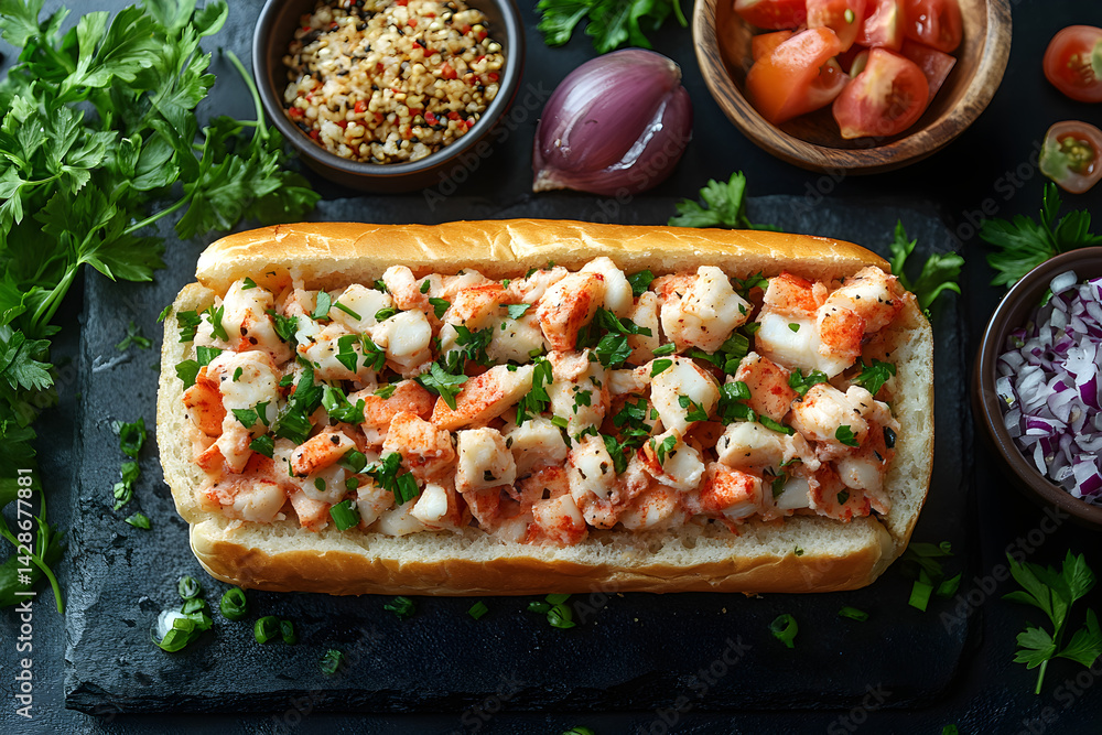 Lobster Roll styled on rustic black stone table with side ingredients