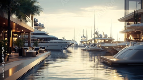 Luxurious marina scene at sunrise with opulent yachts and modern architecture.