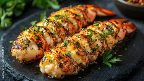 Obraz na płótnie Lobster Thermidor served on dark grey textured plate with fresh garnish top view w salonie