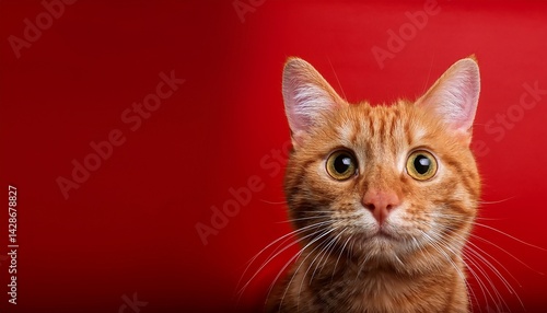 a curious orange tabby cat peeks into the frame against a bold red background its face isolated with wide eyes and perked ears banner for design with copy space