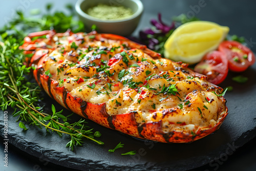 Obraz na płótnie Lobster Thermidor styled on rustic black stone table with side ingredients w salonie