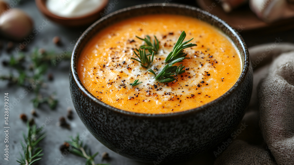 Lobster bisque served in a cup with fresh herbs and a drizzle of cream