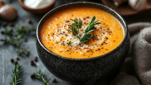 Obraz na płótnie Lobster bisque served in a cup with fresh herbs and a drizzle of cream w salonie