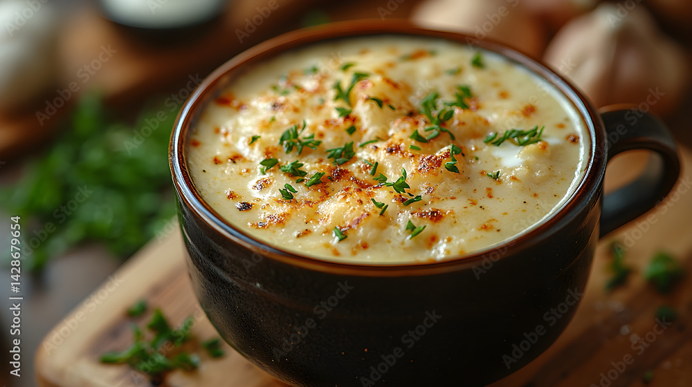 Lobster bisque served in a cup with fresh herbs and a drizzle of cream