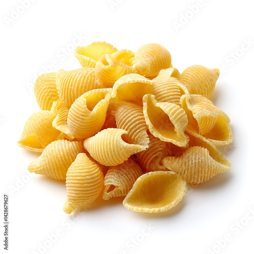 A pile of dry conchiglie pasta, also known as shell pasta, isolated on a clean white background