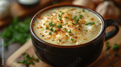 Obraz na płótnie Lobster bisque served in a cup with fresh herbs and a drizzle of cream w salonie
