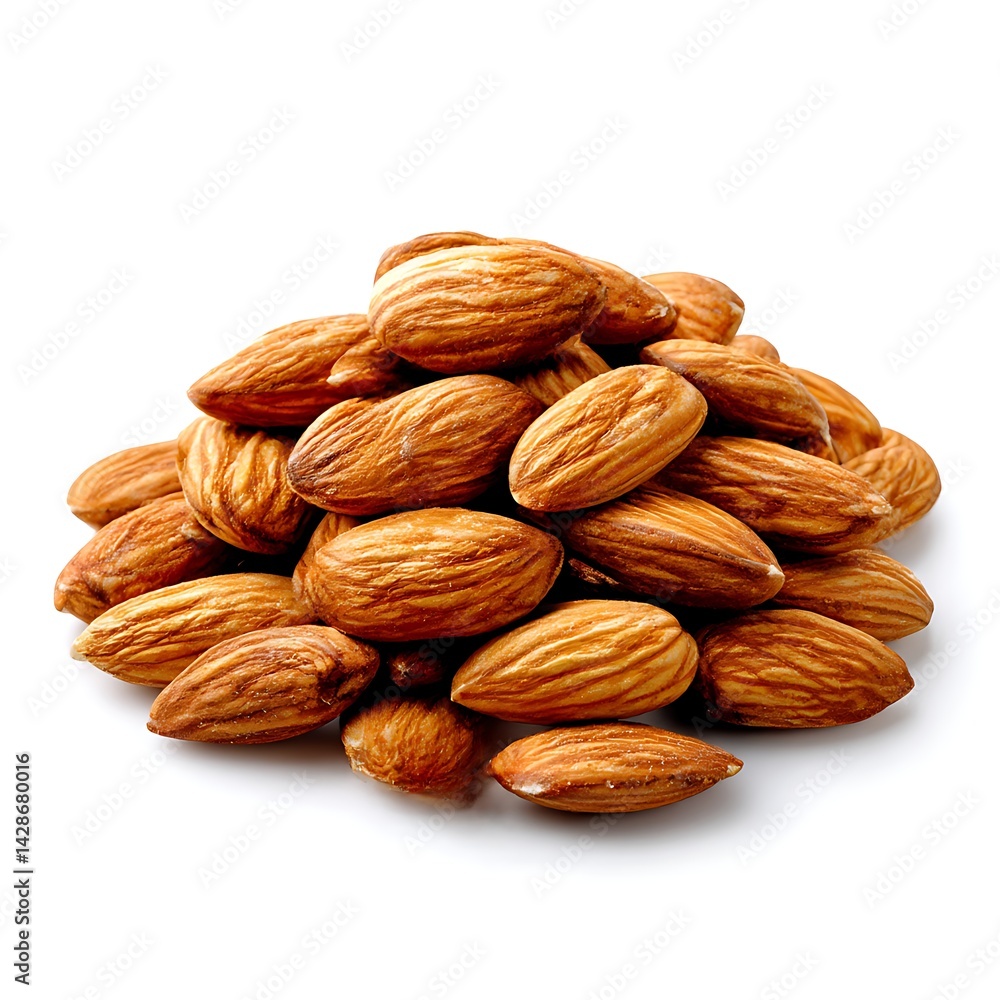 A pile of raw almonds isolated on a clean white background A pile of raw almonds isolated on a clean white background