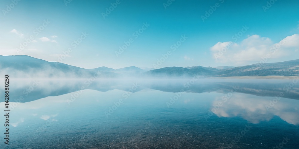 Fototapeta premium Serene mountain range mirroring over the lake, with a pastel sky above